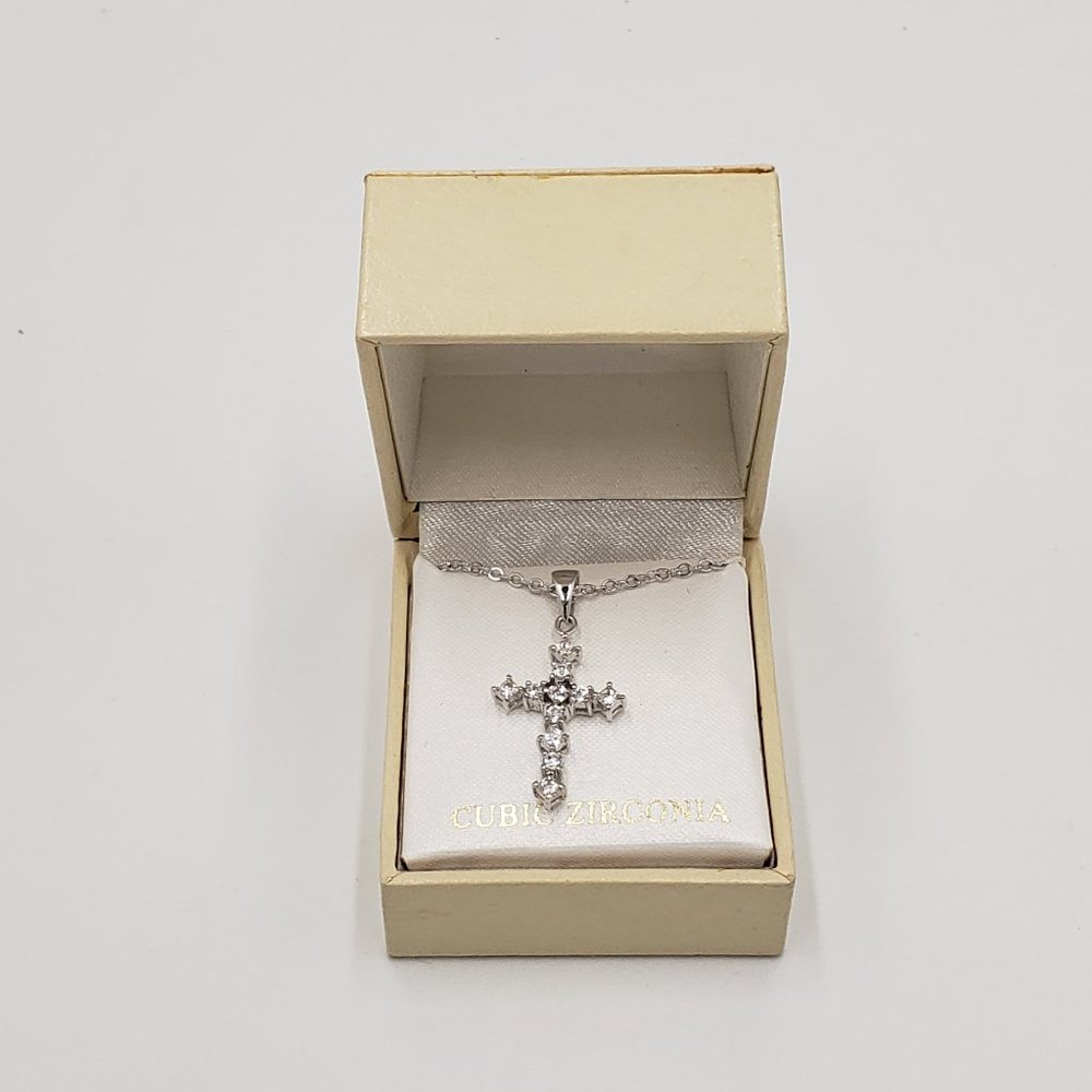 Cubic Zirconia Silvertone Cross Necklace New